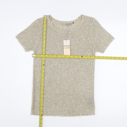 Marks and Spencer Women Beige Sequin Knit Short Sleeve T-Shirt UK 8