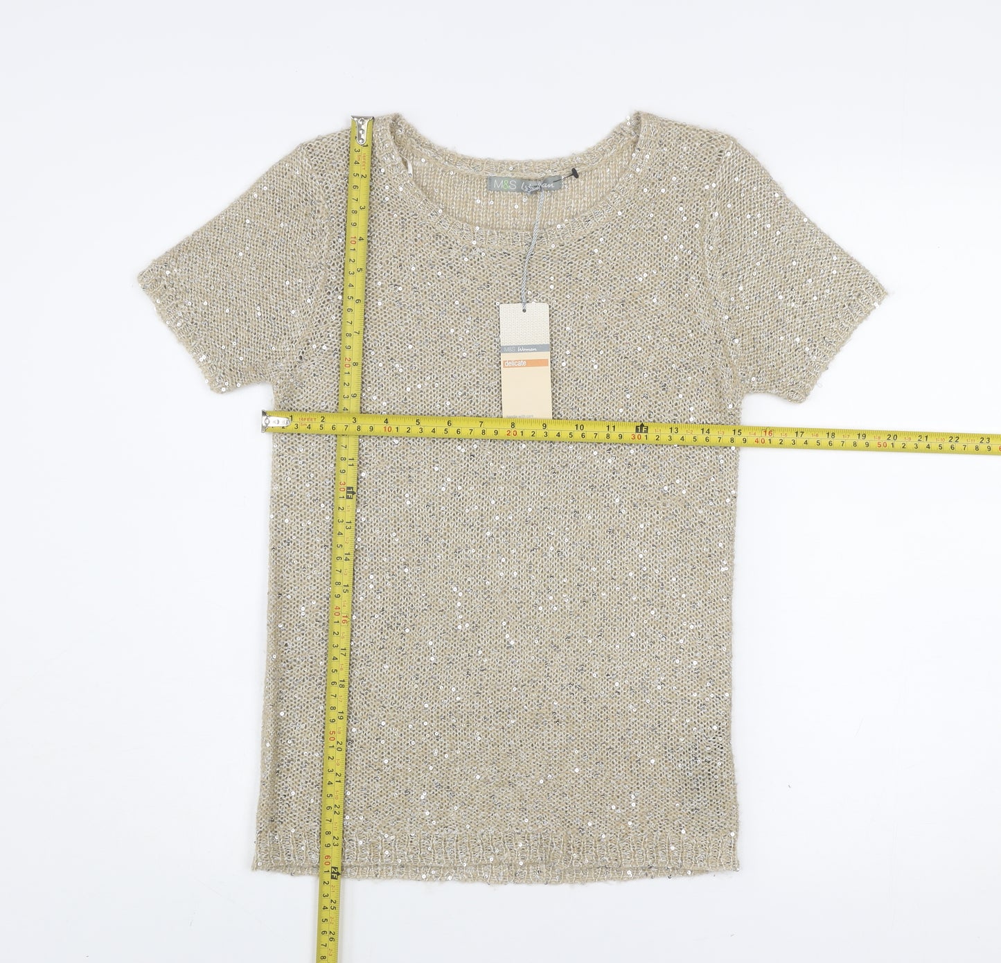 Marks and Spencer Women Beige Sequin Knit Short Sleeve T-Shirt UK 8