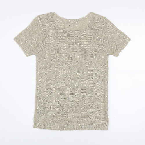 Marks and Spencer Women Beige Sequin Knit Short Sleeve T-Shirt UK 8