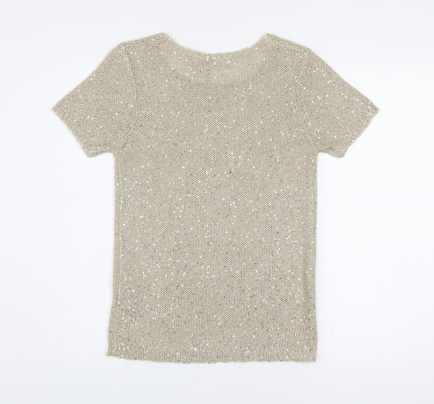 Marks and Spencer Women Beige Sequin Knit Short Sleeve T-Shirt UK 8