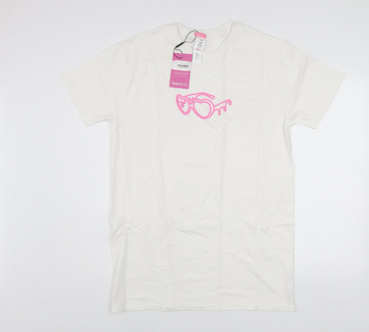 Love Island Women White Cotton Graphic T-Shirt Size S