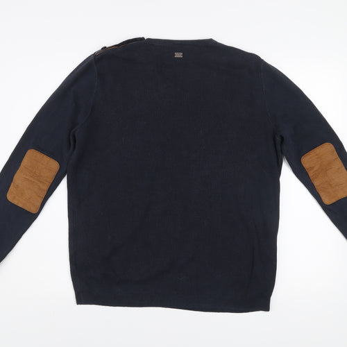 Izac Men's Blue Cotton Crew Neck Jumper L with Elbow Patches