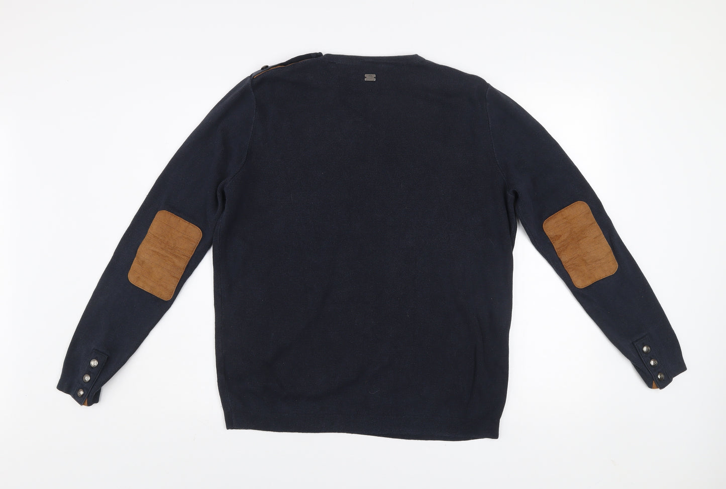 Izac Men's Blue Cotton Crew Neck Jumper L with Elbow Patches