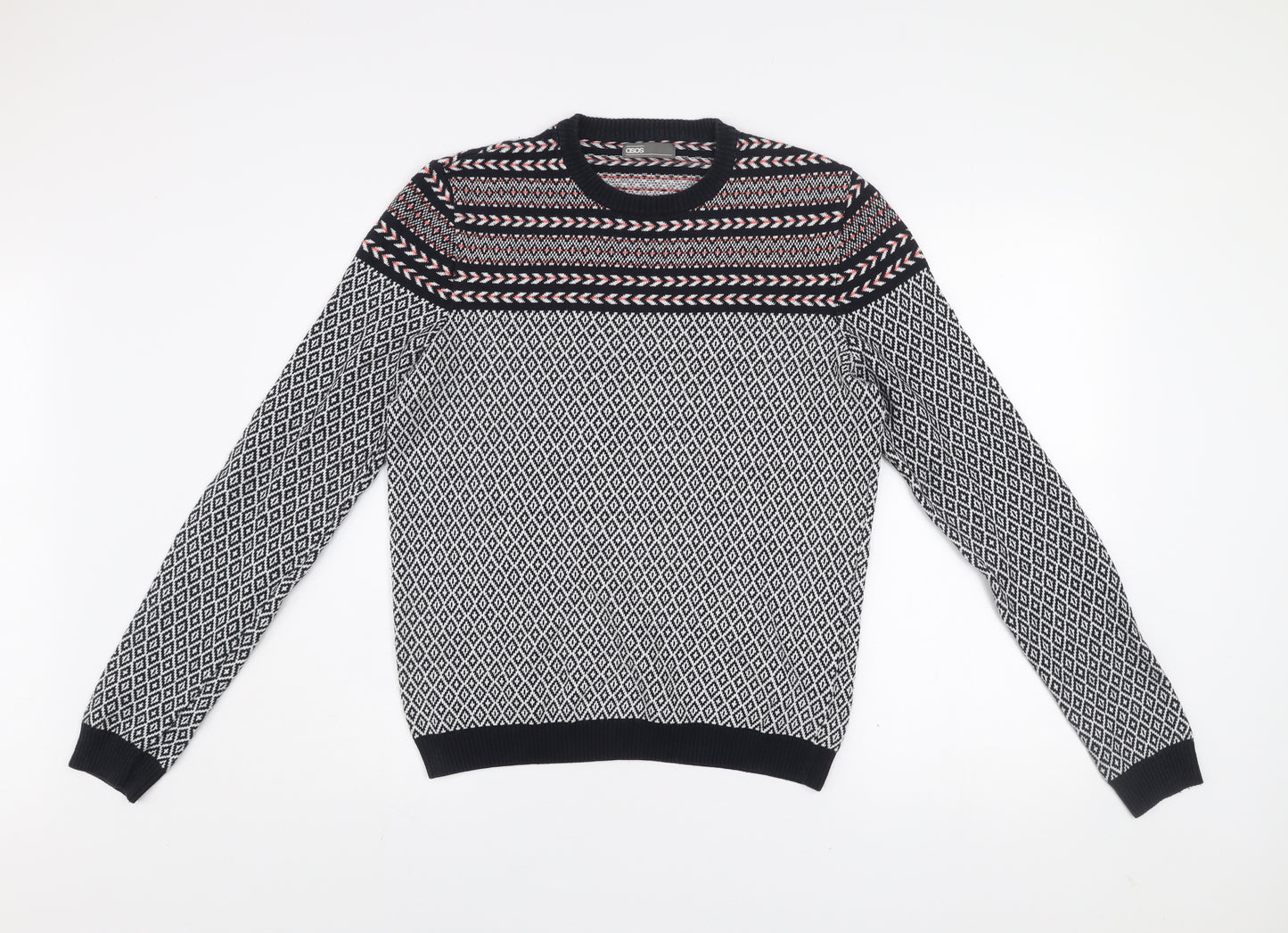 ASOS Men’s Black Fair Isle Crew Neck Cotton Jumper Size M
