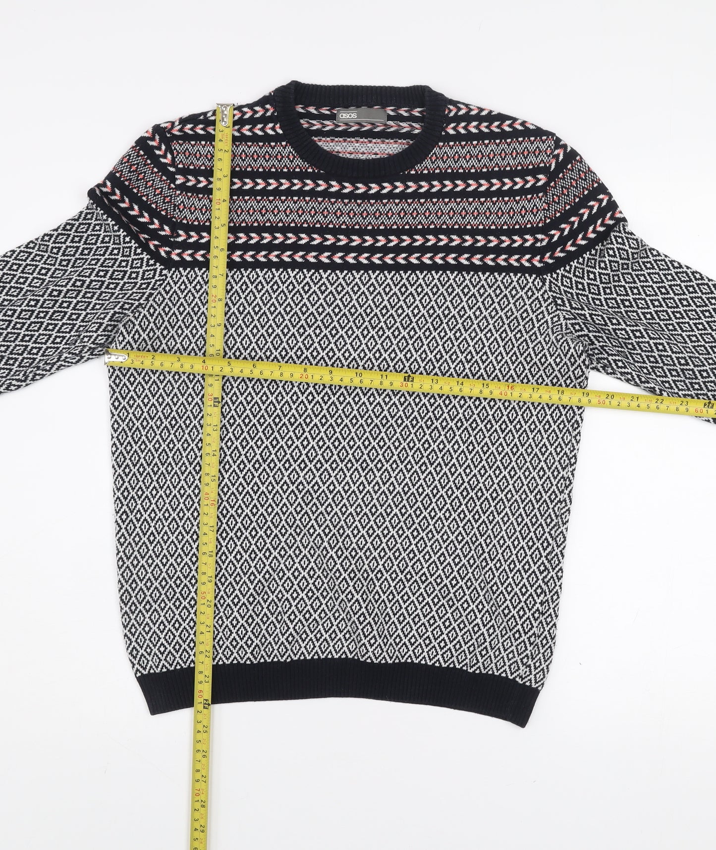 ASOS Men’s Black Fair Isle Crew Neck Cotton Jumper Size M