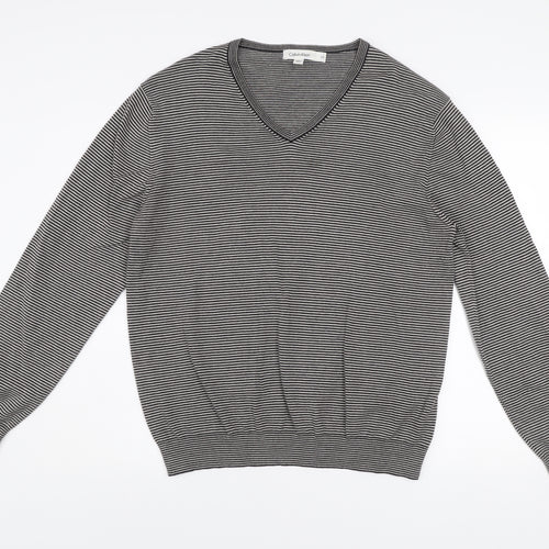 Calvin Klein Men’s Grey Striped V-Neck Cotton Jumper Size L