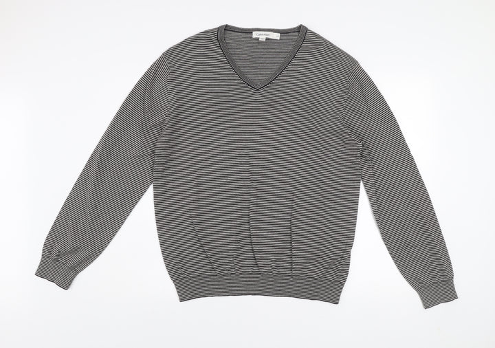 Calvin Klein Men’s Grey Striped V-Neck Cotton Jumper Size L