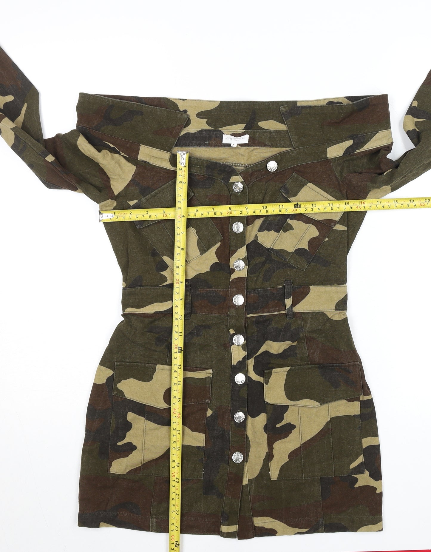 Mistress Rocks Women's Green Camo Off Shoulder Bodycon Mini Dress Size S