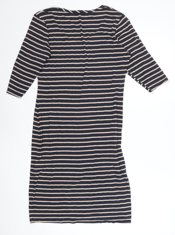 Oasis Women Blue Striped Bodycon Dress L 3/4 Sleeve Knee Length