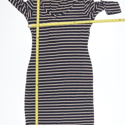 Oasis Women Blue Striped Bodycon Dress L 3/4 Sleeve Knee Length