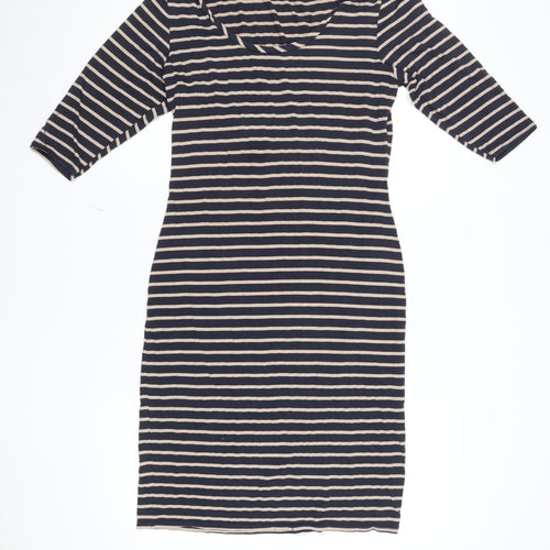 Oasis Women Blue Striped Bodycon Dress L 3/4 Sleeve Knee Length