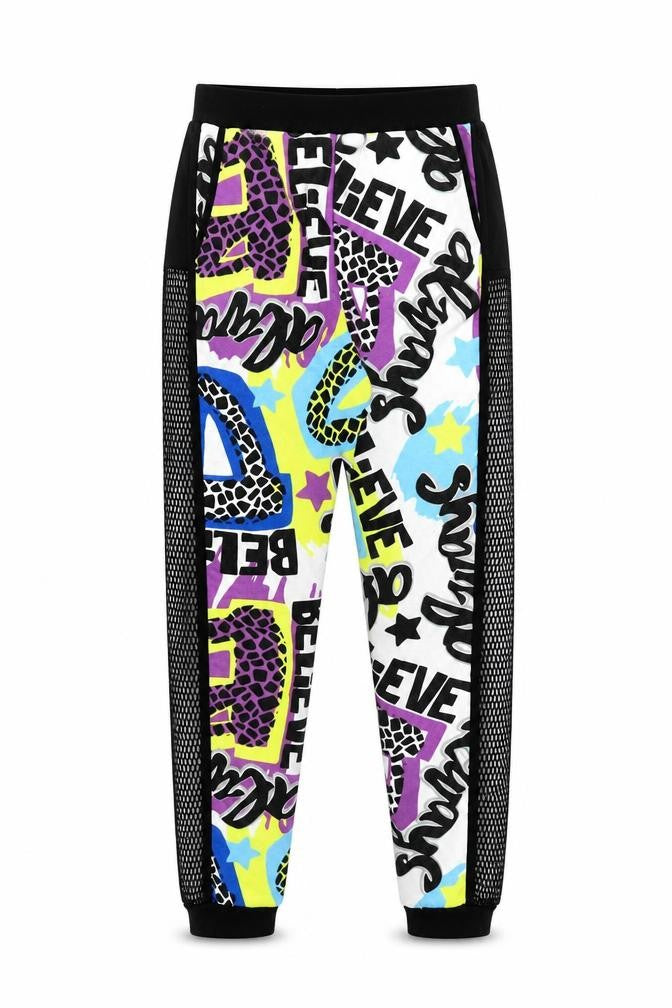 Front view of Souchi unisex multicoloured graphic jogger trousers, size M