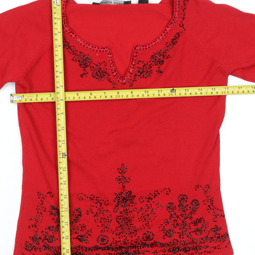 Michelle Nicole Women's Red Beaded V-Neck Long Sleeve Jumper Size M