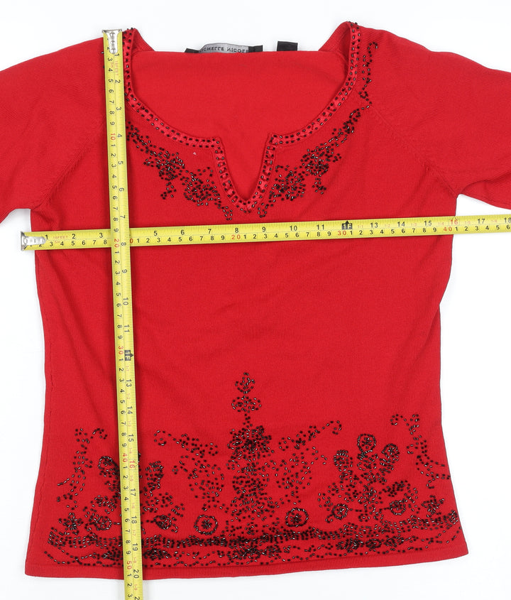Michelle Nicole Women's Red Beaded V-Neck Long Sleeve Jumper Size M