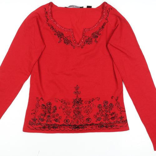 Michelle Nicole Women's Red Beaded V-Neck Long Sleeve Jumper Size M
