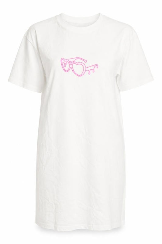 Front view of I Saw It First Love Island White Cotton Women's Small T-Shirt Dress