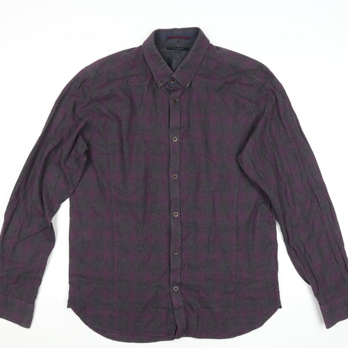 Ted Baker London Men's Purple Check Long Sleeve Cotton Button-Up Shirt Size L