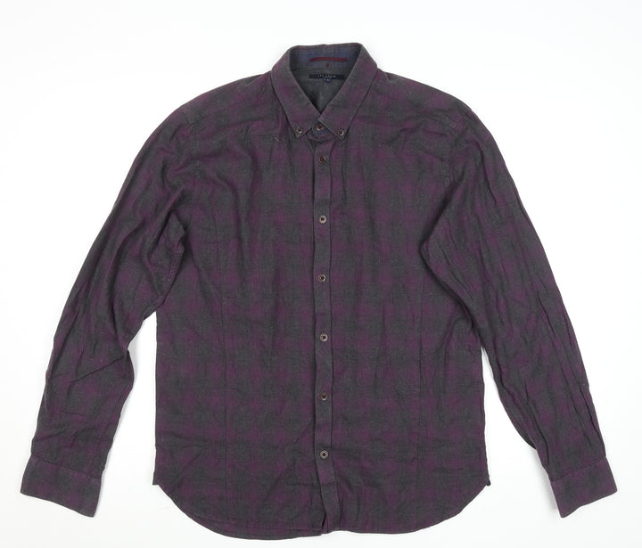 Ted Baker London Men's Purple Check Long Sleeve Cotton Button-Up Shirt Size L