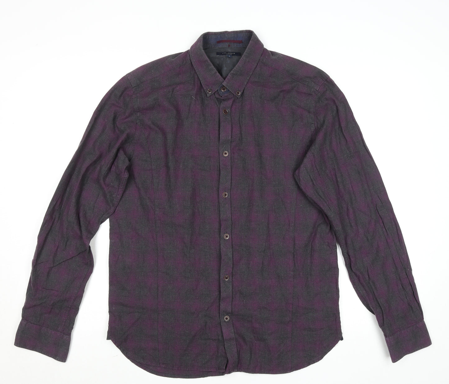 Ted Baker London Men's Purple Check Long Sleeve Cotton Button-Up Shirt Size L
