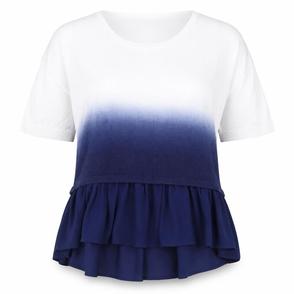 Front view of French Connection Women's Blue Ombre Ruffle Tunic Blouse XS