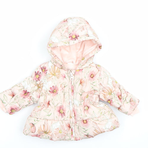 Next Girls Pink Floral Hooded Puffer Jacket 0-3 Months Polyester Lined Winter Coat