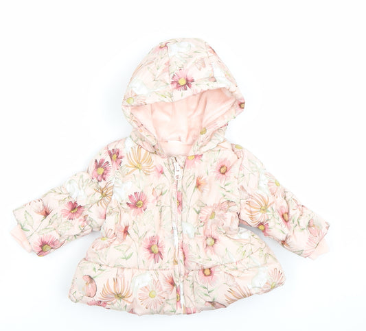 Front view of Next girls’ pink floral hooded puffer jacket 0-3 months polyester lined winter coat