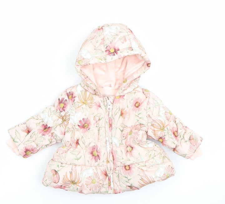 Next Girls Pink Floral Hooded Puffer Jacket 0-3 Months Polyester Lined Winter Coat