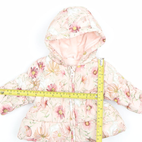 Next Girls Pink Floral Hooded Puffer Jacket 0-3 Months Polyester Lined Winter Coat