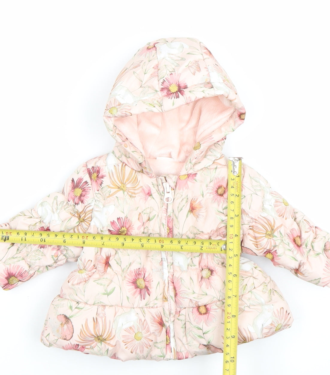 Next Girls Pink Floral Hooded Puffer Jacket 0-3 Months Polyester Lined Winter Coat
