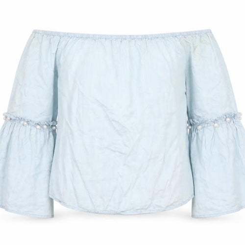 ONLY Women Blue Off Shoulder Bell Sleeve Peasant Style Blouse Size 10