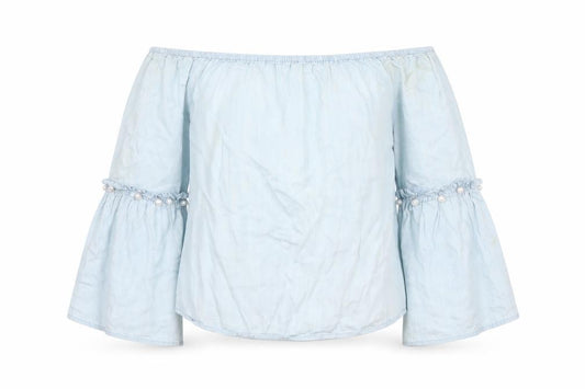 Front view of Only Women Blue Off Shoulder Bell Sleeve Peasant Style Blouse, size 10
