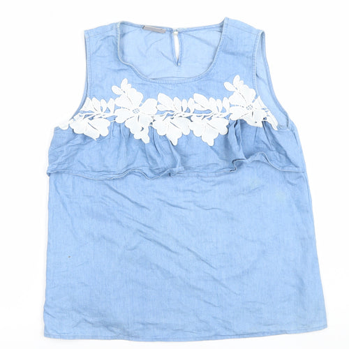 Vero Moda Women Blue Cotton Chambray Floral Sleeveless Blouse L