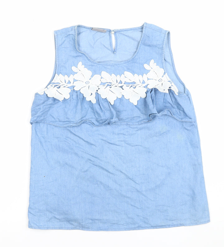 Vero Moda Women Blue Cotton Chambray Floral Sleeveless Blouse L
