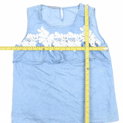 Vero Moda Women Blue Cotton Chambray Floral Sleeveless Blouse L