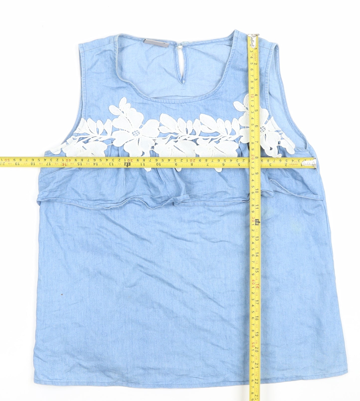 Vero Moda Women Blue Cotton Chambray Floral Sleeveless Blouse L