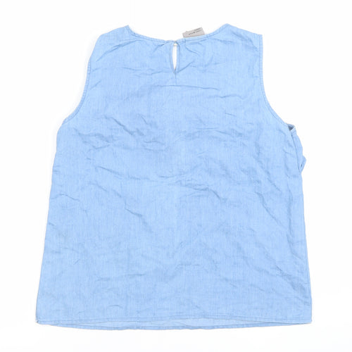Vero Moda Women Blue Cotton Chambray Floral Sleeveless Blouse L