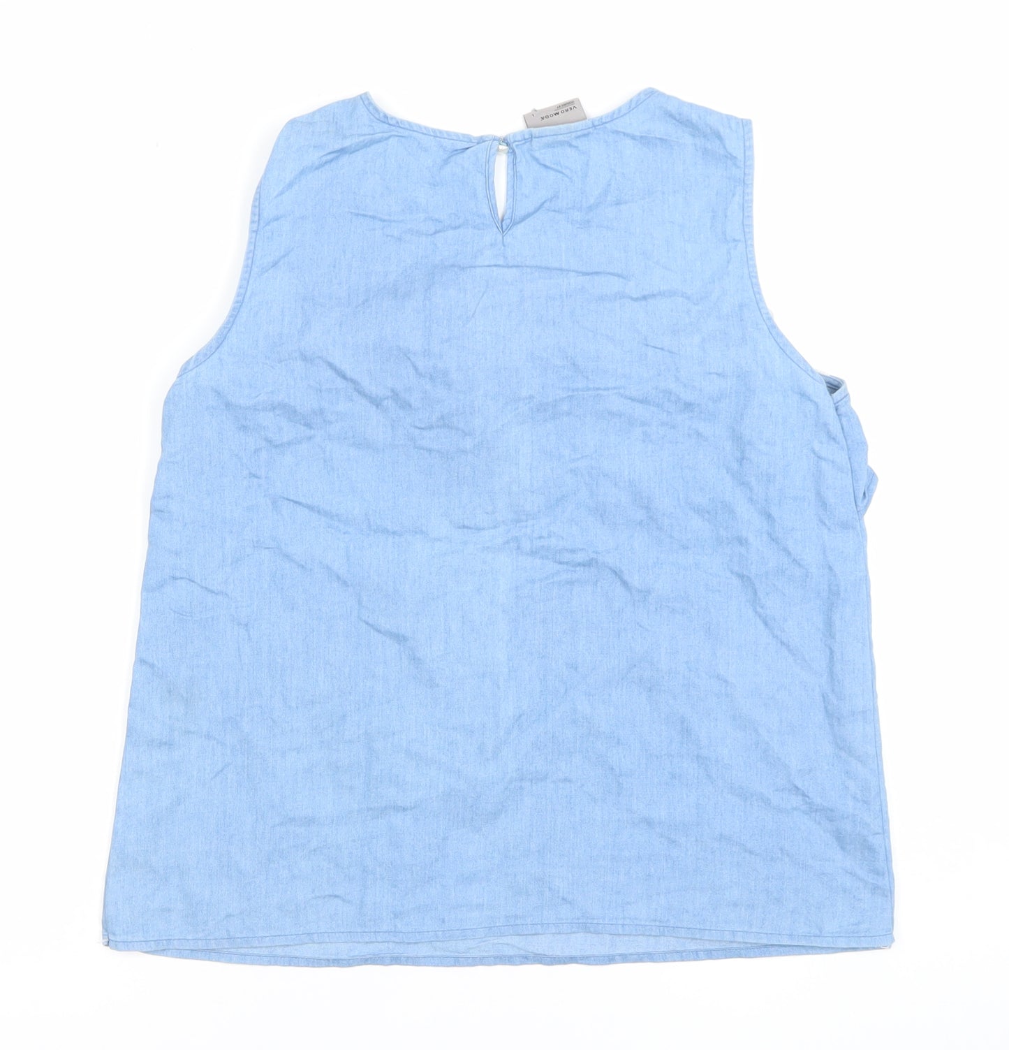 Vero Moda Women Blue Cotton Chambray Floral Sleeveless Blouse L