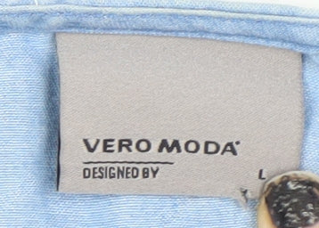 Vero Moda Women Blue Cotton Chambray Floral Sleeveless Blouse L