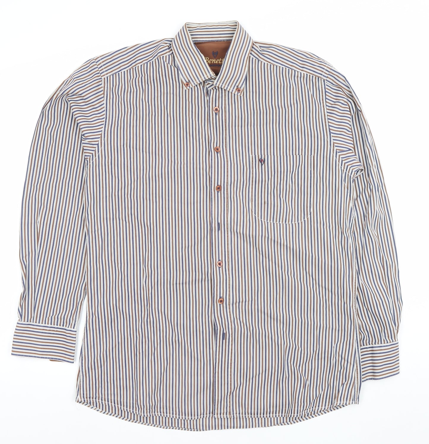Benetti Men's Brown Striped Button-Down Long Sleeve Cotton Formal Shirt M