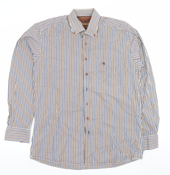 Benetti Men's Brown Striped Button-Down Long Sleeve Cotton Formal Shirt M