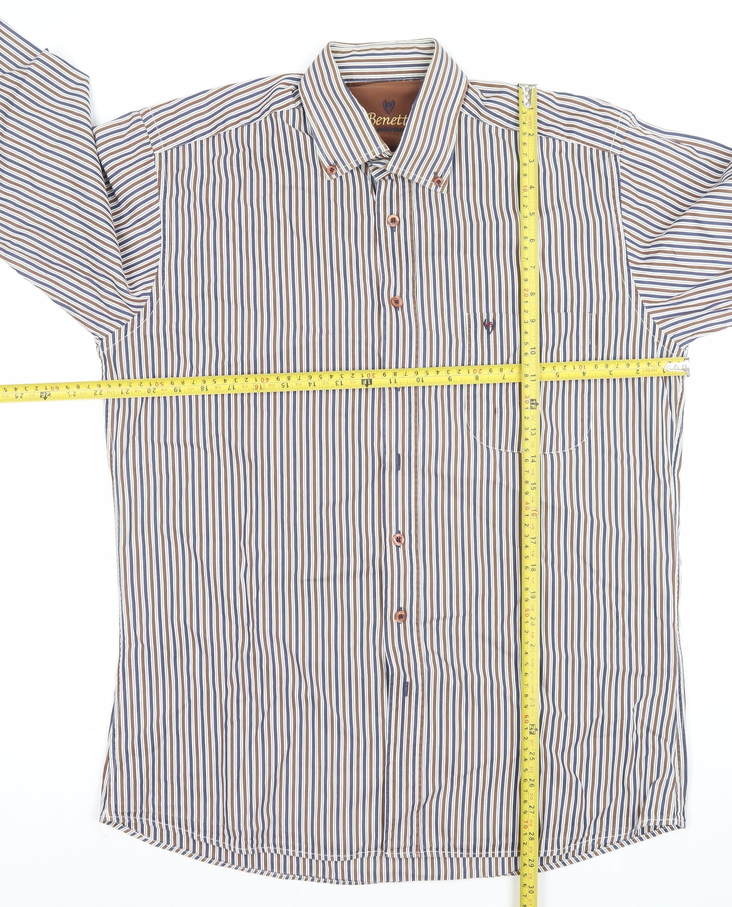 Benetti Men's Brown Striped Button-Down Long Sleeve Cotton Formal Shirt M