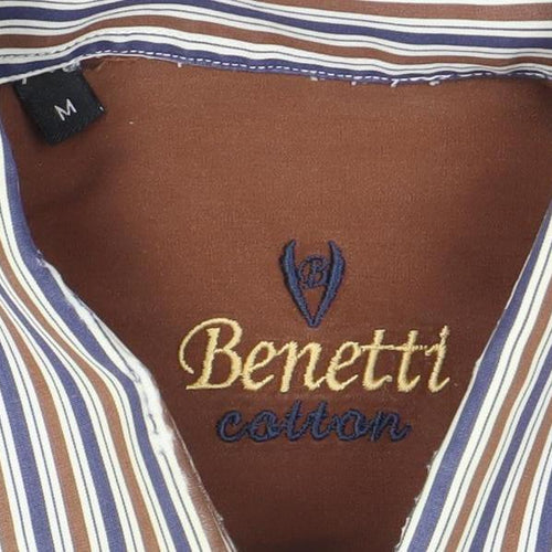 Benetti Men's Brown Striped Button-Down Long Sleeve Cotton Formal Shirt M
