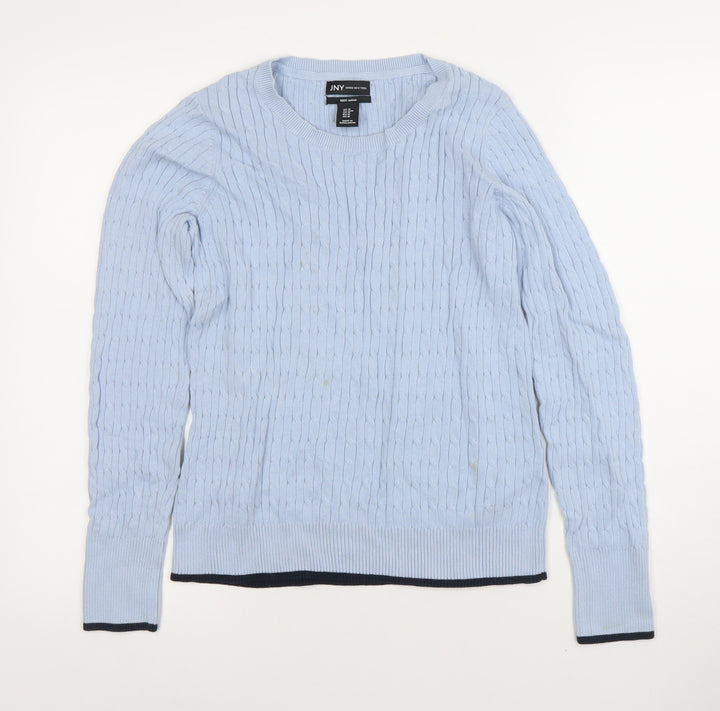 Jones New York Women's Blue Cable-Knit Crew Neck Jumper Size M Cotton