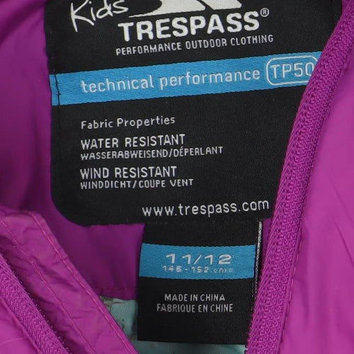 Trespass Girls Purple Puffer Jacket 11-12 Years Hooded Water Resistant Winter Coat