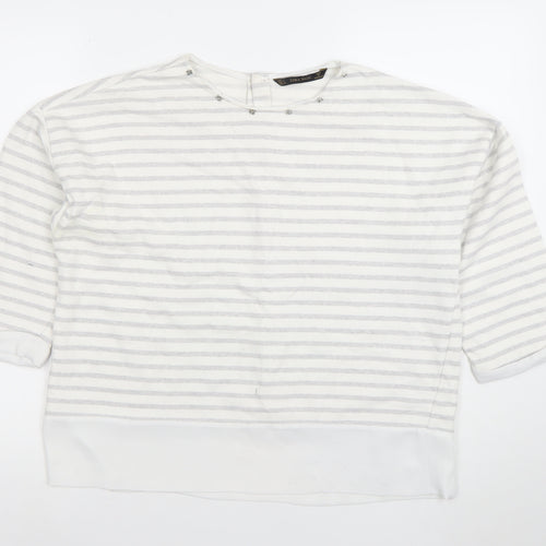 Zara Basic Women White Grey Striped 3/4 Sleeve Button-Back Blouse Size L