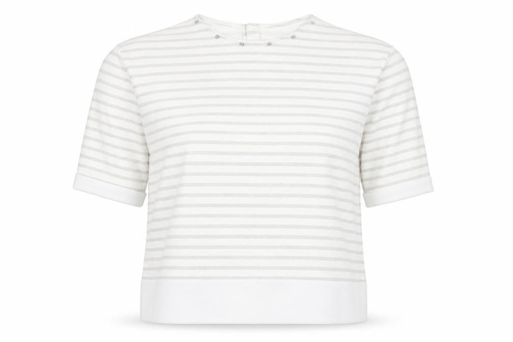 Front view of Zara Basic Women White Grey Striped 3/4 Sleeve Button-Back Blouse, size L