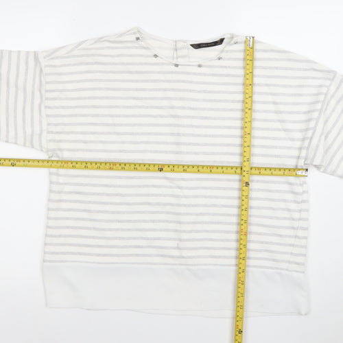 Zara Basic Women White Grey Striped 3/4 Sleeve Button-Back Blouse Size L