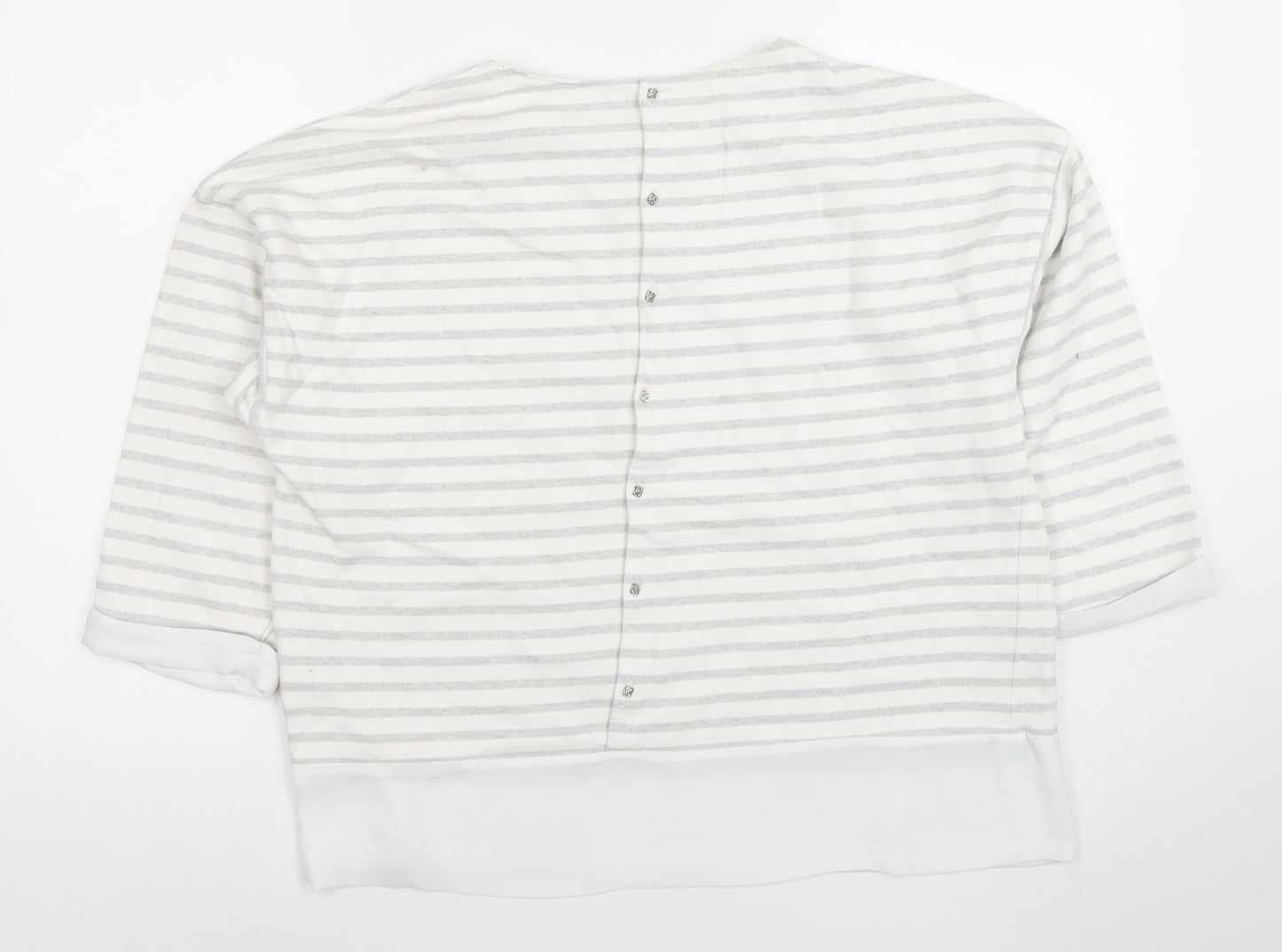 Zara Basic Women White Grey Striped 3/4 Sleeve Button-Back Blouse Size L