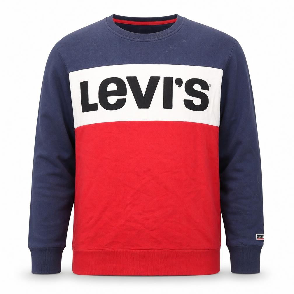 Front view of Levi's men’s blue red logo crew neck cotton sweatshirt l regular fit