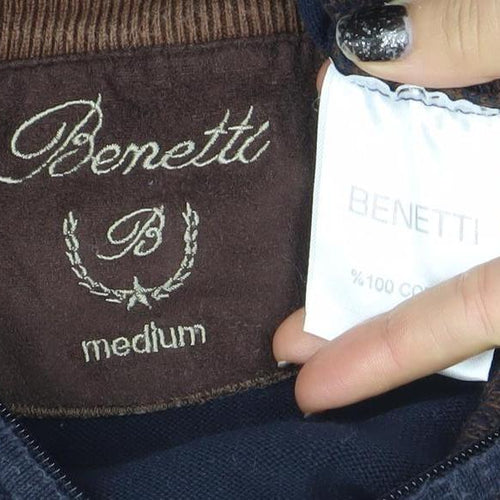 Benetti Men's Blue Brown Medium 1/2 Zip Cotton Jumper